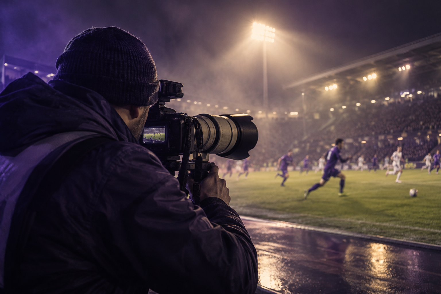 Sports videographer filming football under floodlights