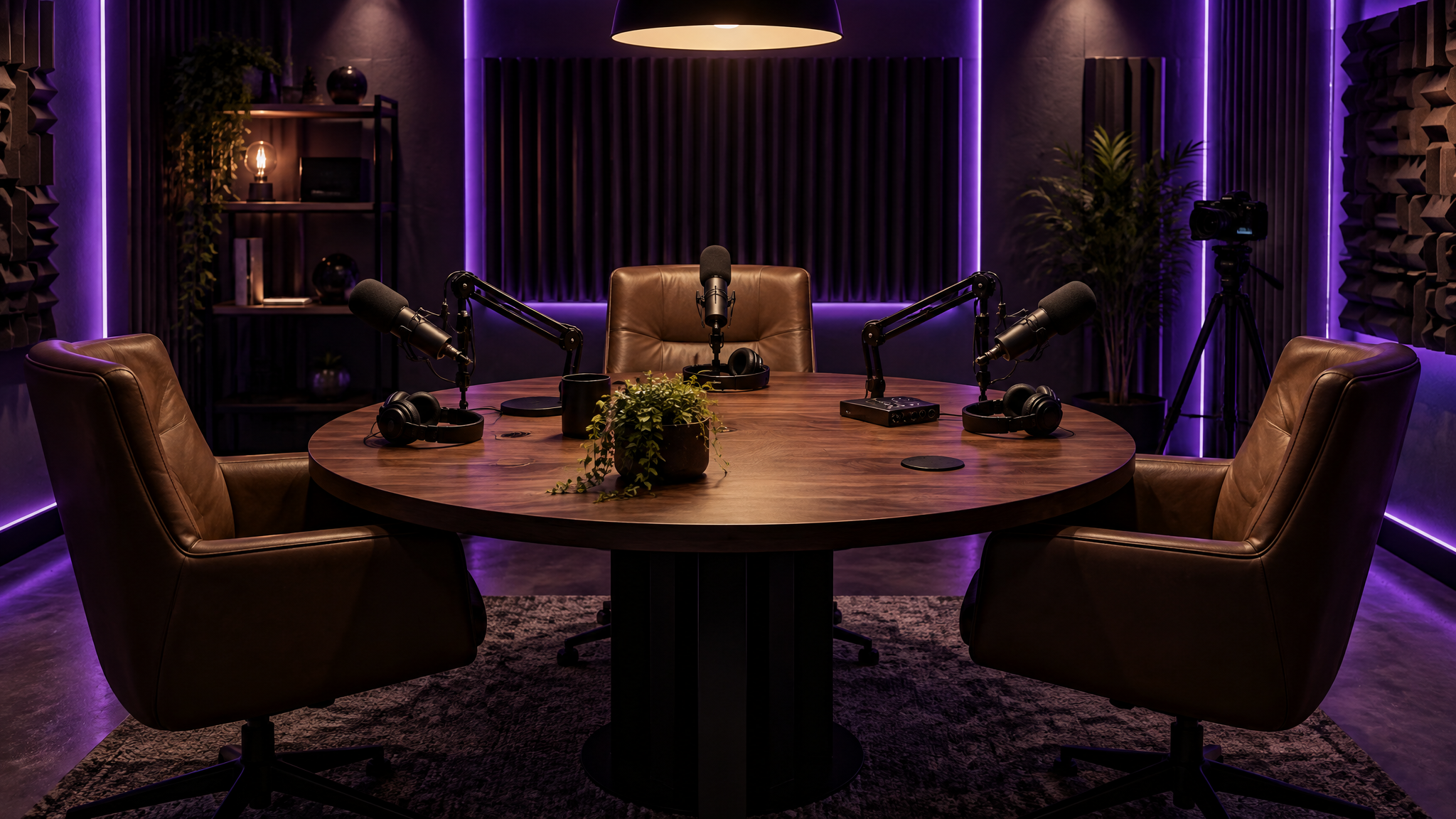 Dominion Digital Media Limited podcast recording studio with microphones, lighting and seating