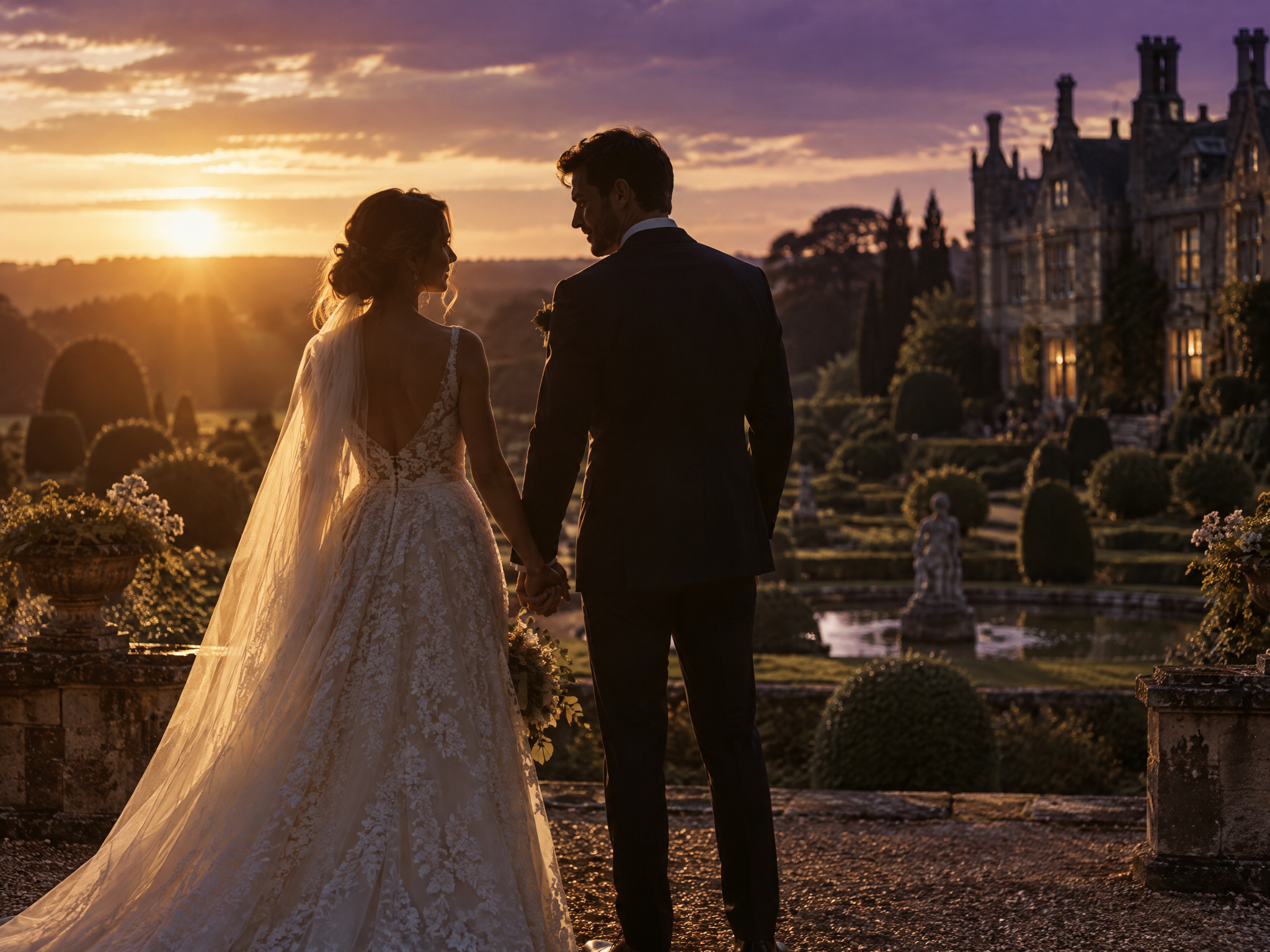 Bride and groom silhouetted at golden hour in an estate garden