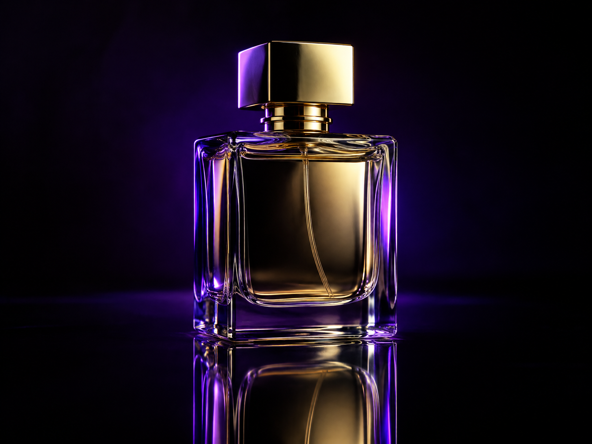 Luxury perfume bottle with violet rim light on black